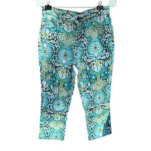 Cuffed Capri Jeans 10P Blue Green Boho Floral Pattern Stretch Petite Summer Pant